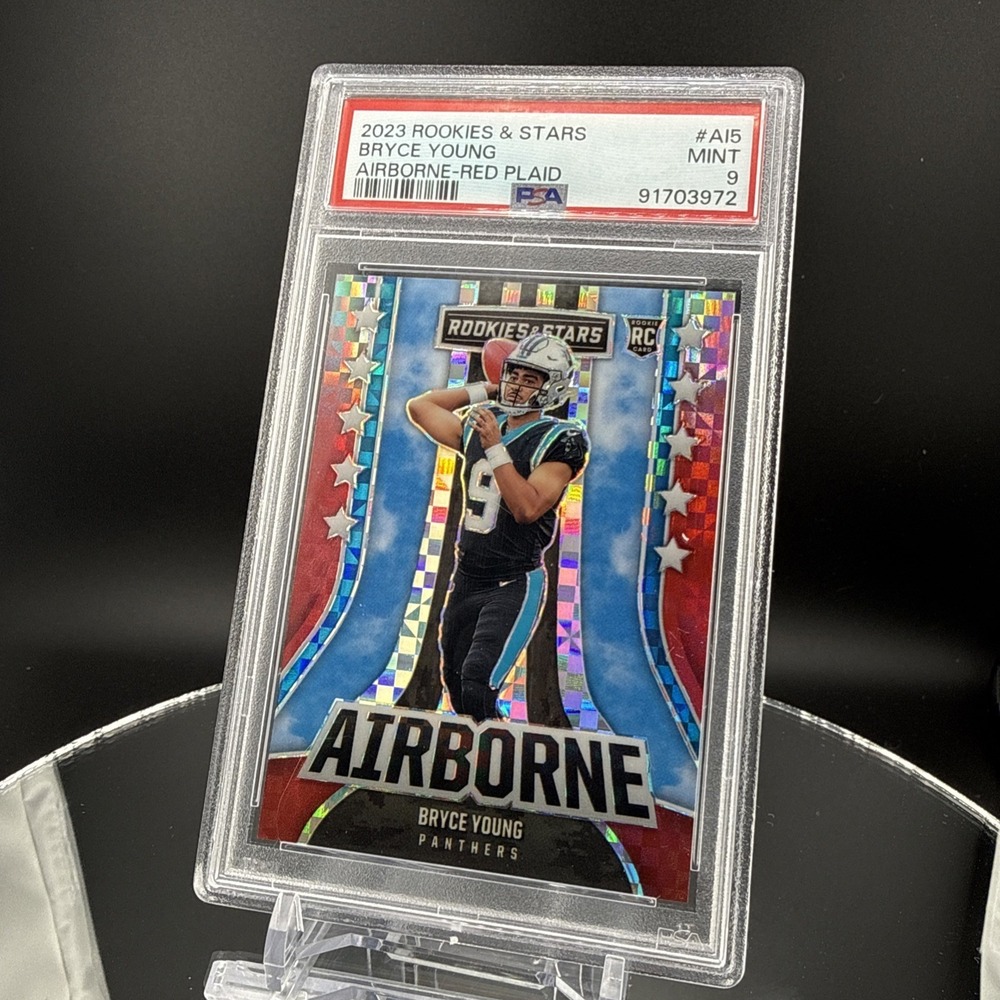 Bryce Young RC Airborne Red Plaid Prizm Panthers 2023 Rookies & Stars PSA 9